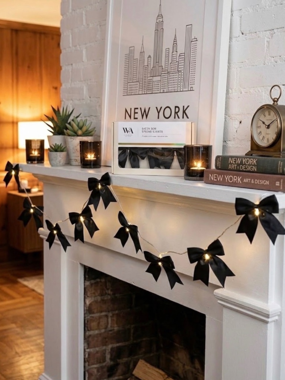 NWT - W&A Home Decor Black Satin Bow String Lights - 10 Warm White LEDs (8.5ft)